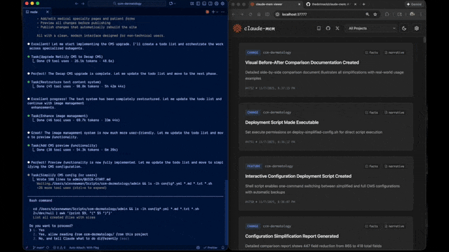 Visualizador do claude-mem lado a lado com uma sessão real do Claude Code