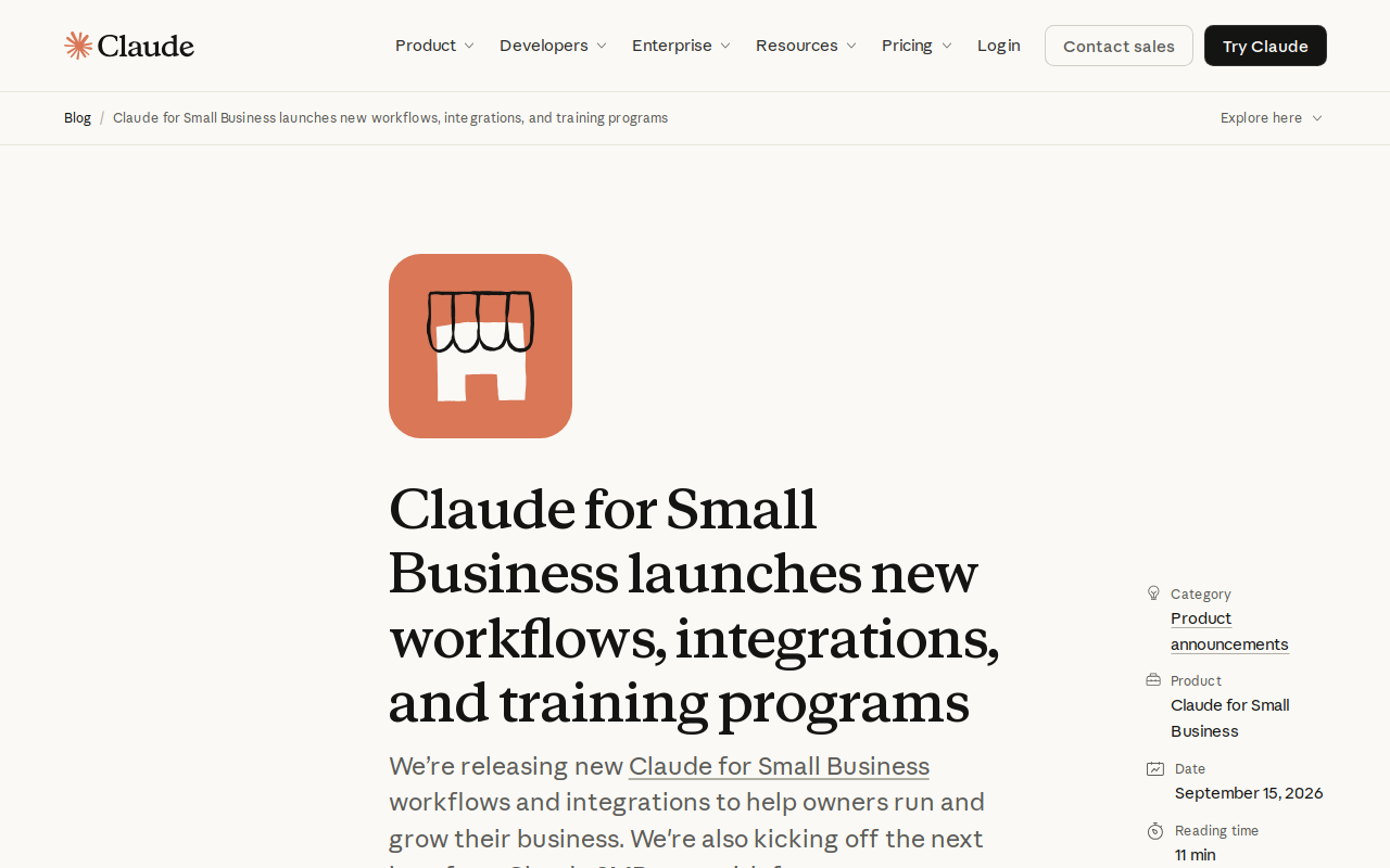 Anúncio oficial da Anthropic sobre o Claude for Small Business